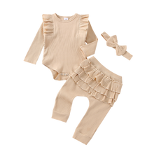 Load image into Gallery viewer, LUCKBBLO Baby Girl Clothes Outfit Infant Outifts Fall Winter Outfits 3pc Rib Frill Long Sleeve Romper Pant Set 0-24 Months