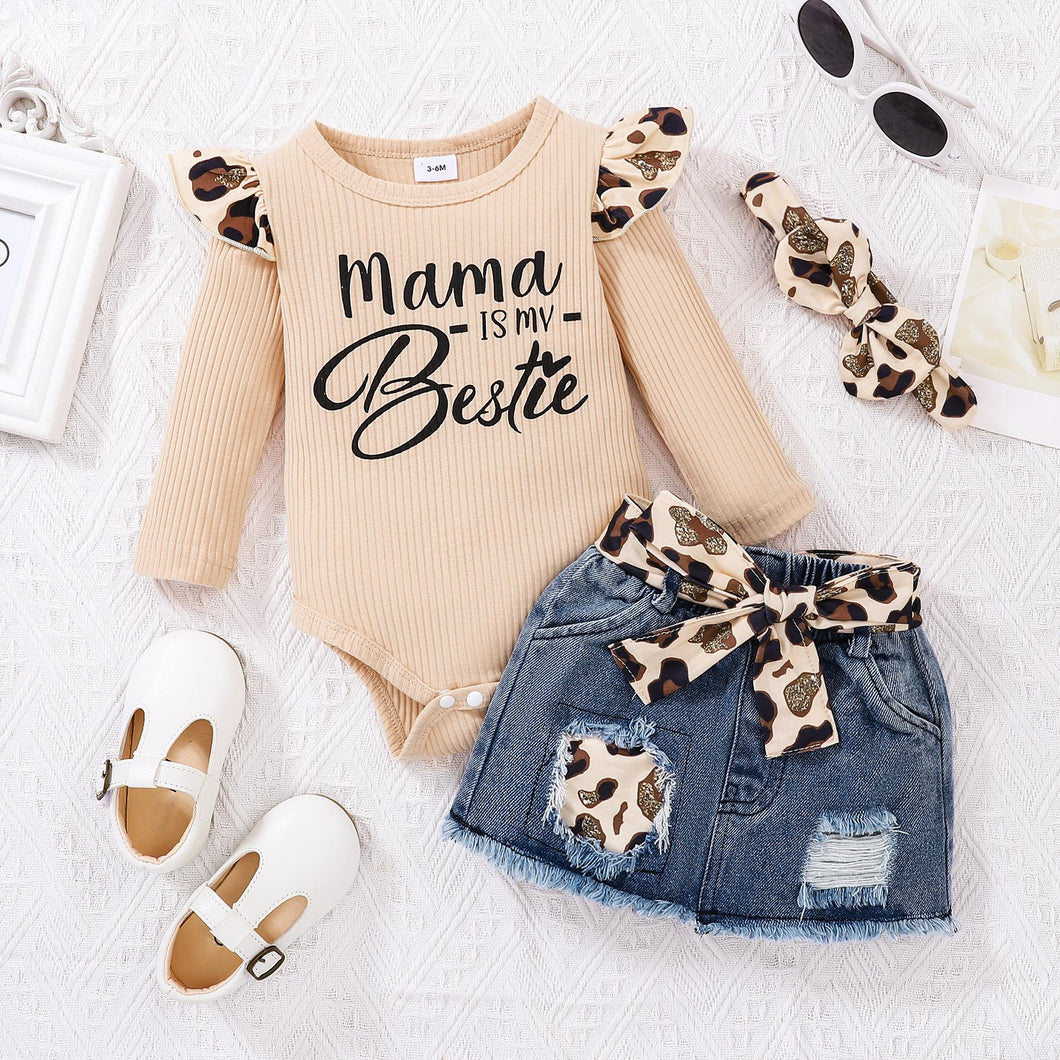 TIGELUKEY Baby Girl Clothes Newborn Long Sleeve Ruffle Romper Short Jeans Pants Leporad Headband Infant Outfits